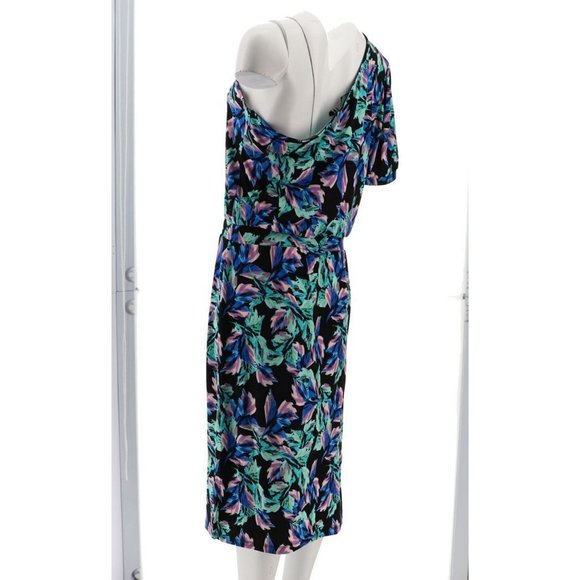 NWT G.I.L.I. ONE SHOULDER PRINTED KNIT DRESS BLACK FLORAL LARGE - Picture 5 of 13